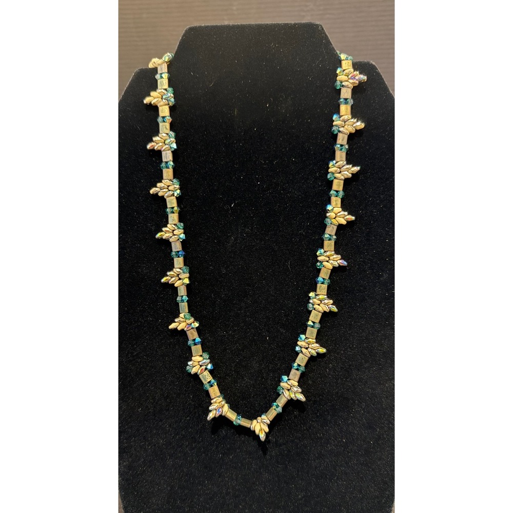 Handmade Beaded Toggle Necklace Teal Gold Cream Iridescent Crystal 20" Artsy
